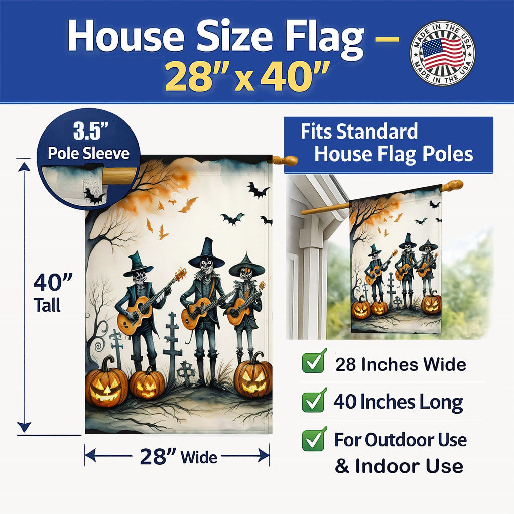 Mariachi Skeleton Band Spooky Halloween House Flag 28x40 Porch Sleeve Pole Decorative Outside Yard Banner Artwork Wall Hanging, Polyester