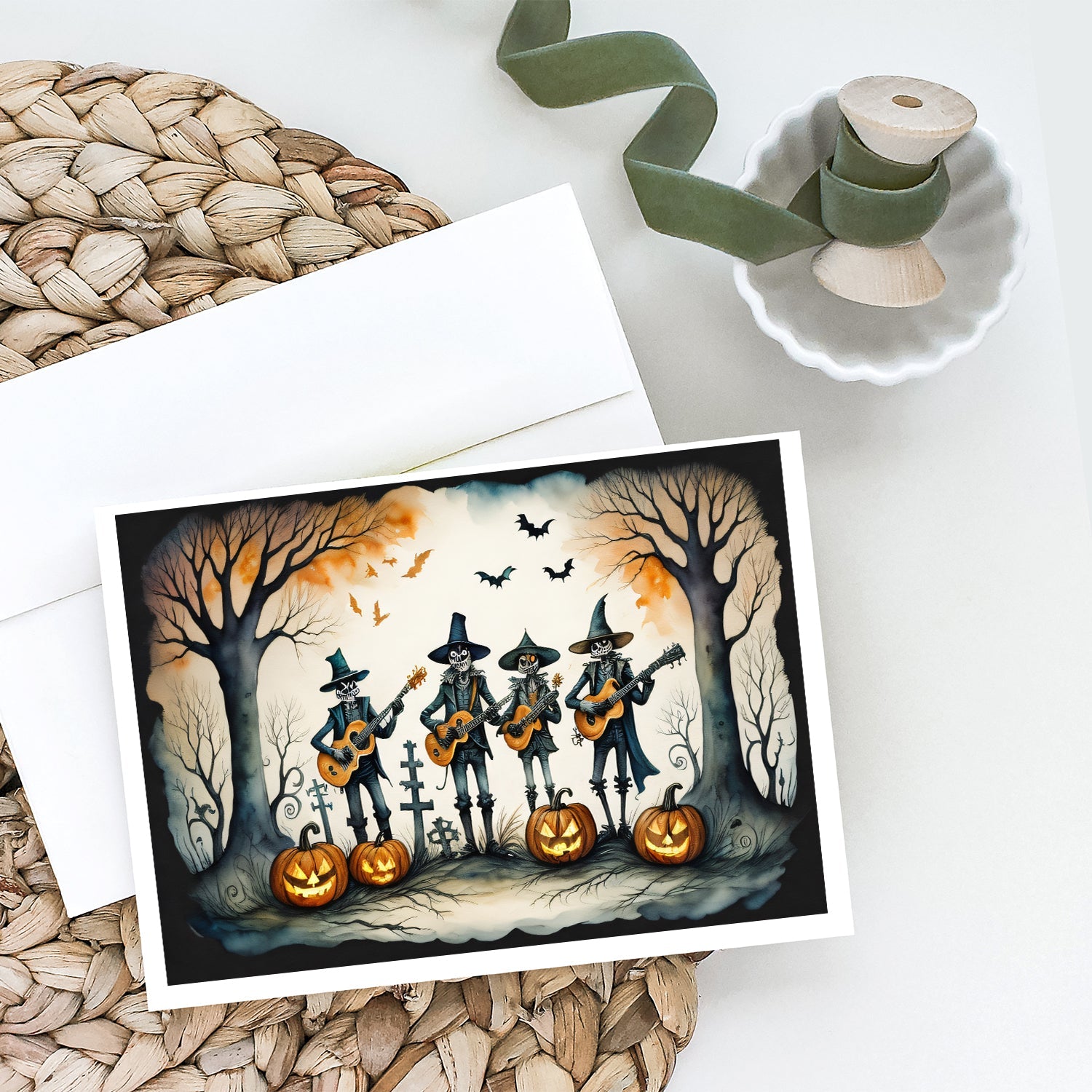 Mariachi Skeleton Band Spooky Halloween Greeting Cards Pack of 8 Blank Cards with Envelopes Whimsical A7 Size 5x7