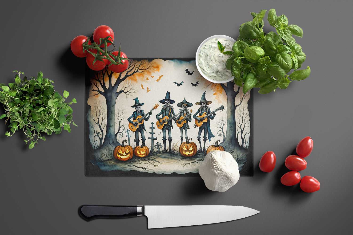 Mariachi Skeleton Band Spooky Halloween Cutting Board Tempered Glass Kitchen Cutting Surface, Heat Resistant Chopping, Non-Slip Feet, Food Prep & Serving