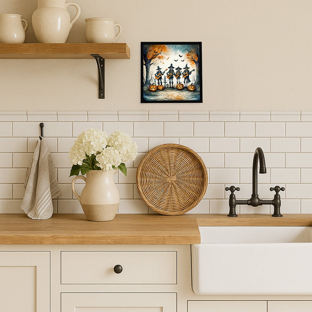 Mariachi Skeleton Band Spooky Halloween Framed Metal Print Bathroom, Kitchen, Office, Home Decor Wall Art Ready to Hang, Square, 8X8