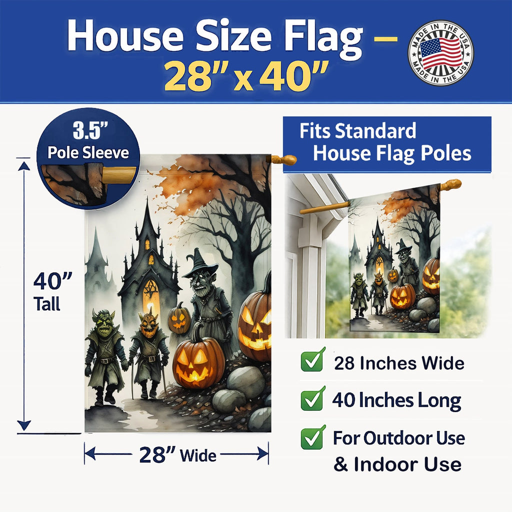 Orcs Spooky Halloween House Flag 28x40 Porch Sleeve Pole Decorative Outside Yard Banner Artwork Wall Hanging, Polyester