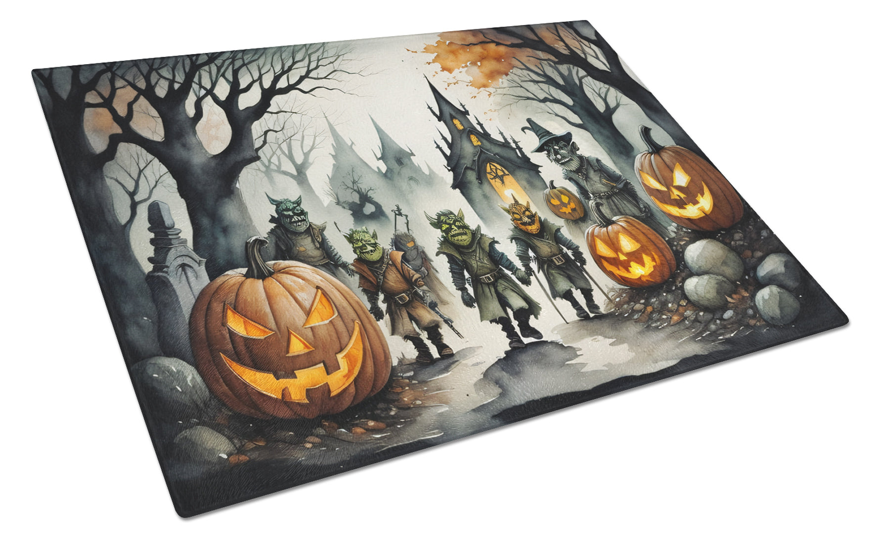 Orcs Spooky Halloween Cutting Board Tempered Glass Kitchen Cutting Surface, Heat Resistant Chopping, Non-Slip Feet, Food Prep & Serving