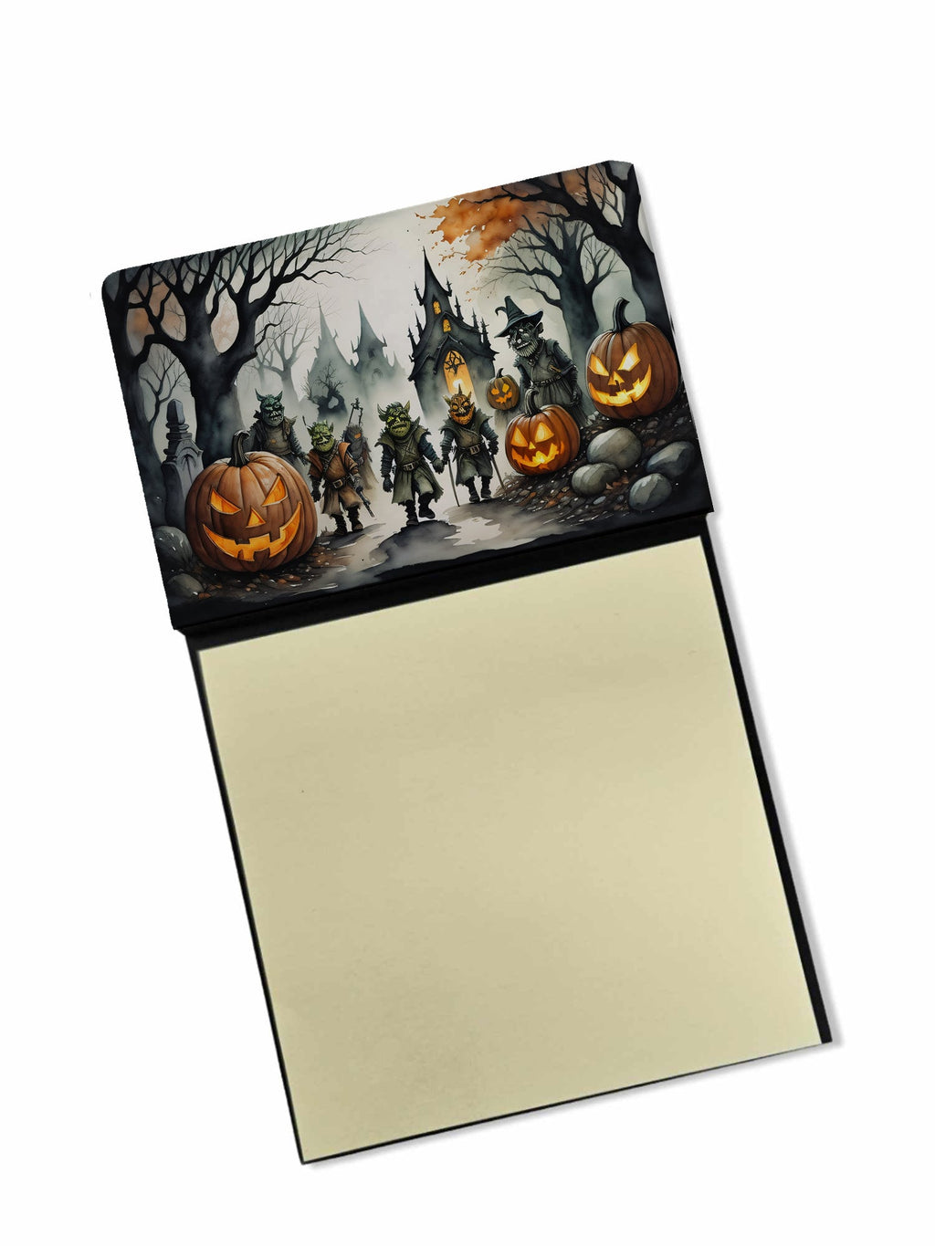 Orcs Spooky Halloween Watercolor Sticky Note Holder Refillable Dispenser Desk Accessory 3x3 Pad Gift