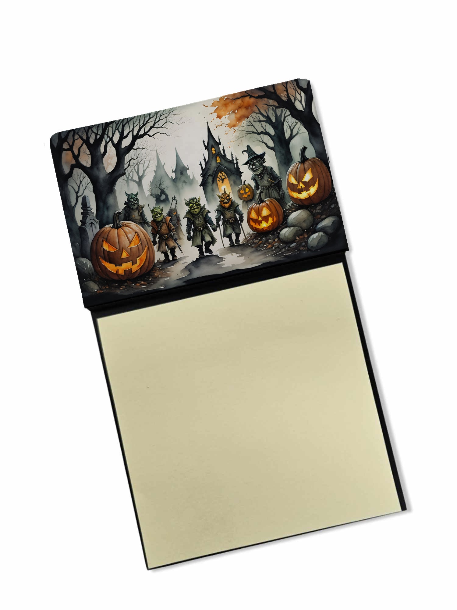 Orcs Spooky Halloween Watercolor Sticky Note Holder Refillable Dispenser Desk Accessory 3x3 Pad Gift
