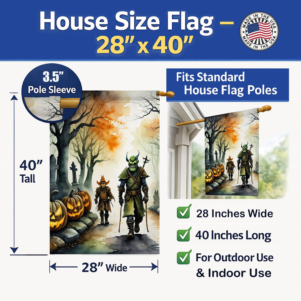 Orcs Spooky Halloween House Flag 28x40 Porch Sleeve Pole Decorative Outside Yard Banner Artwork Wall Hanging, Polyester