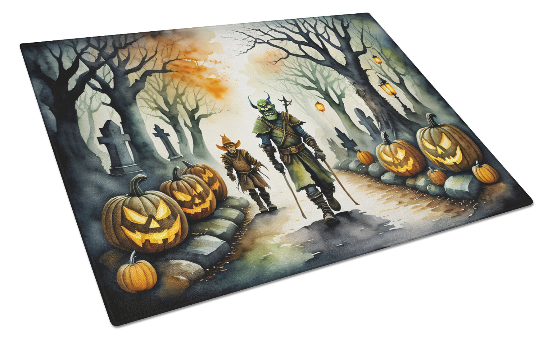 Orcs Spooky Halloween Cutting Board Tempered Glass Kitchen Cutting Surface, Heat Resistant Chopping, Non-Slip Feet, Food Prep & Serving