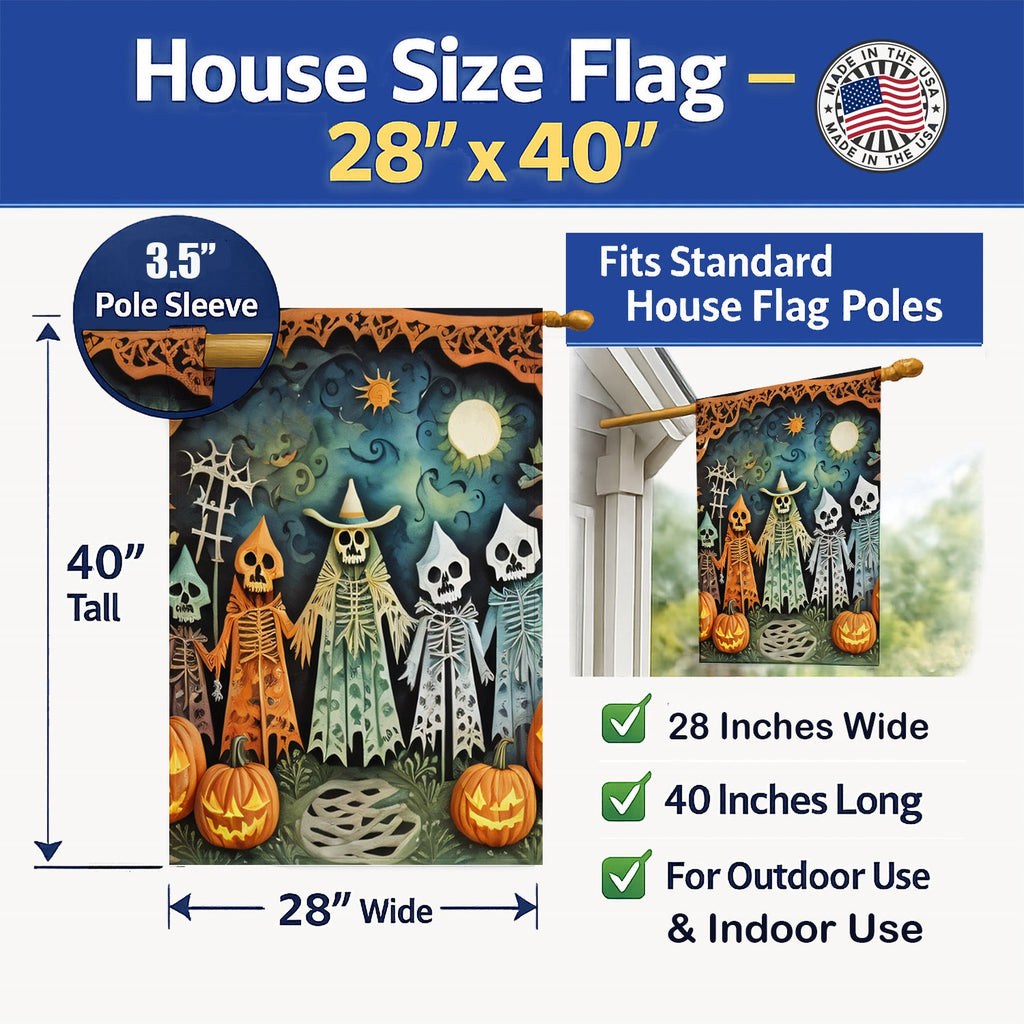Papel Picado Skeletons Spooky Halloween House Flag 28x40 Porch Sleeve Pole Decorative Outside Yard Banner Artwork Wall Hanging, Polyester