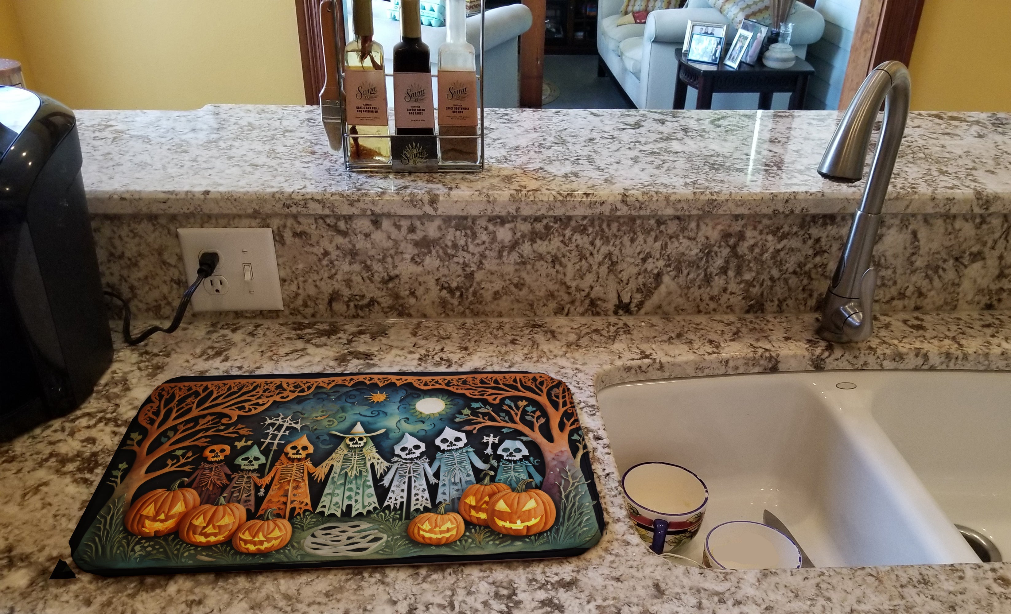 Papel Picado Skeletons Spooky Halloween Dish Drying Mat Absorbent Dish Drying Mat Pad for Kitchen Counter Dish Drainer Mat for Countertop, 14 x 21", Multicolor