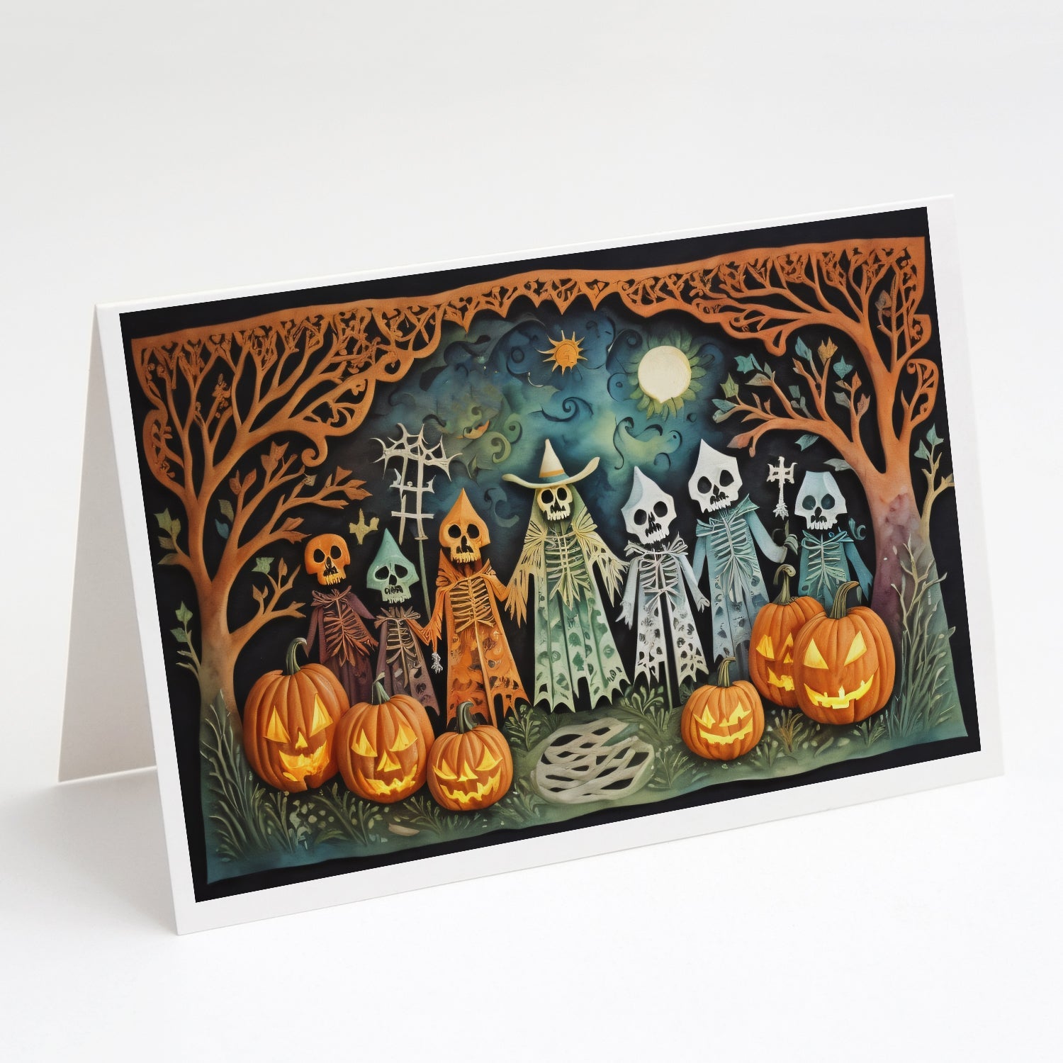 Papel Picado Skeletons Spooky Halloween Greeting Cards Pack of 8 Blank Cards with Envelopes Whimsical A7 Size 5x7