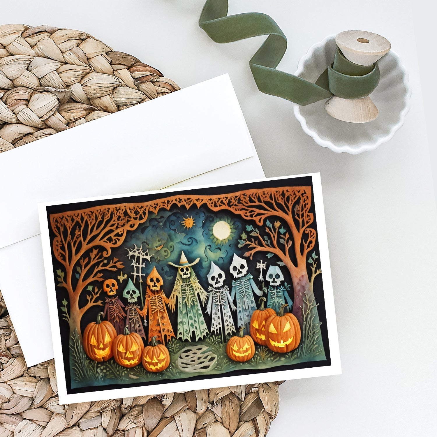 Papel Picado Skeletons Spooky Halloween Greeting Cards Pack of 8 Blank Cards with Envelopes Whimsical A7 Size 5x7