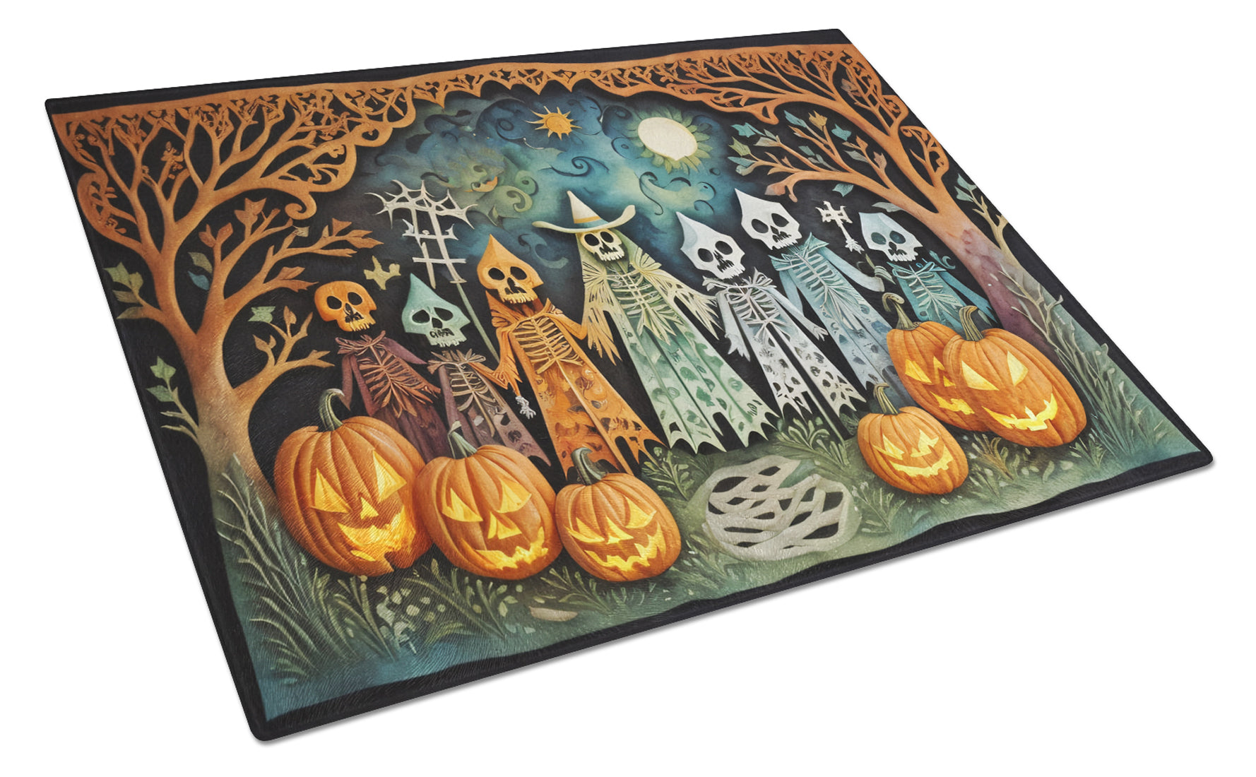 Papel Picado Skeletons Spooky Halloween Cutting Board Tempered Glass Kitchen Cutting Surface, Heat Resistant Chopping, Non-Slip Feet, Food Prep & Serving