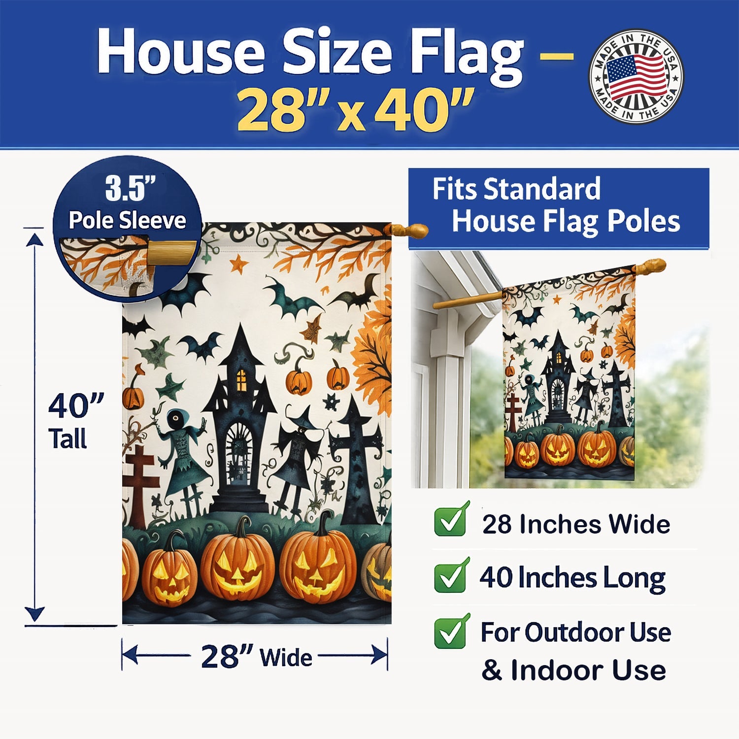 Papel Picado Skeletons Spooky Halloween House Flag 28x40 Porch Sleeve Pole Decorative Outside Yard Banner Artwork Wall Hanging, Polyester
