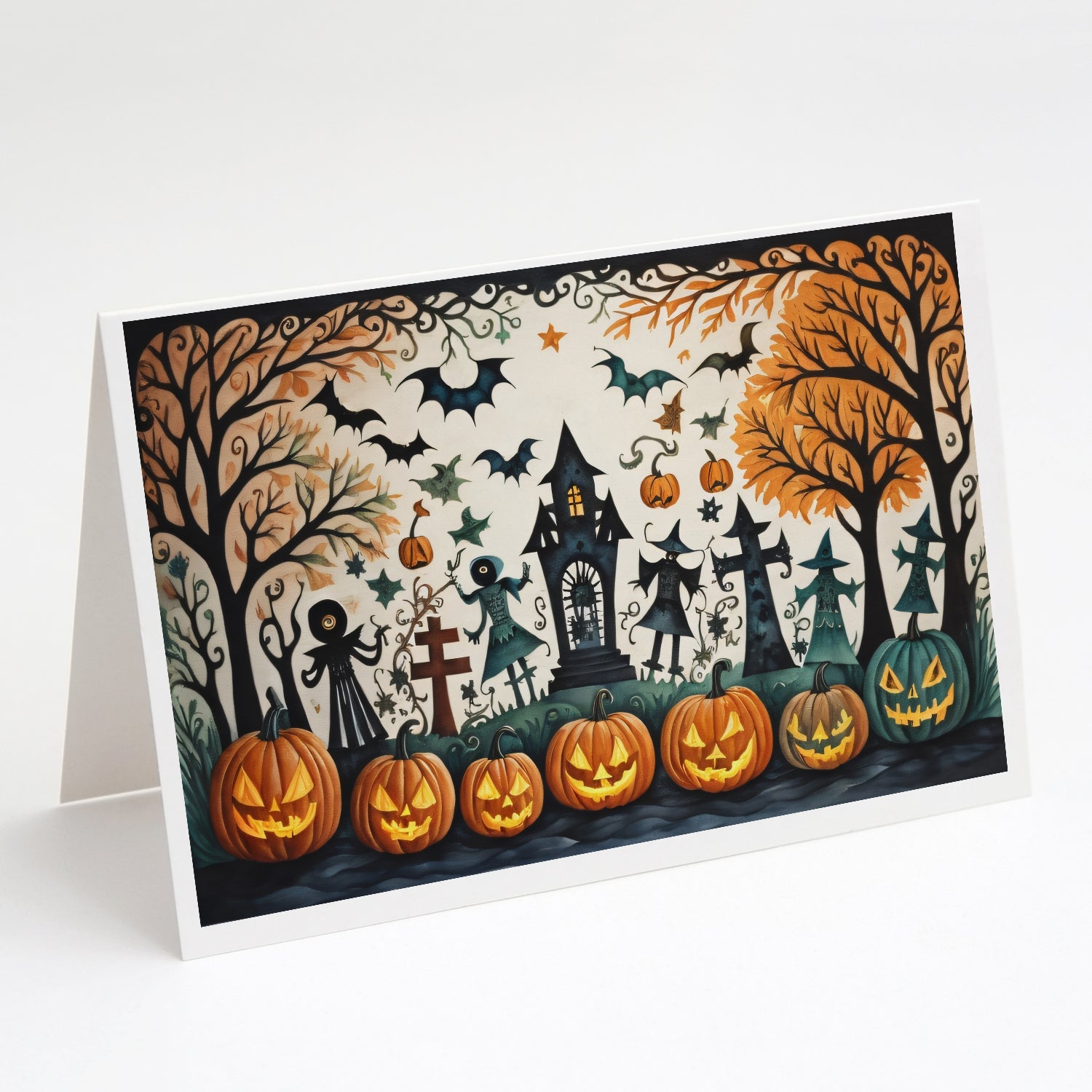 Papel Picado Skeletons Spooky Halloween Greeting Cards Pack of 8 Blank Cards with Envelopes Whimsical A7 Size 5x7