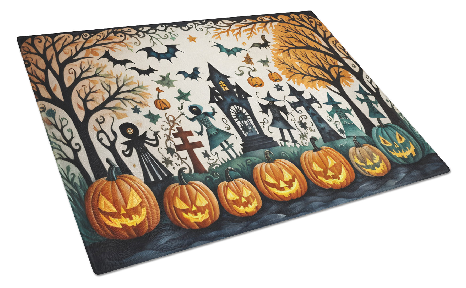 Papel Picado Skeletons Spooky Halloween Cutting Board Tempered Glass Kitchen Cutting Surface, Heat Resistant Chopping, Non-Slip Feet, Food Prep & Serving