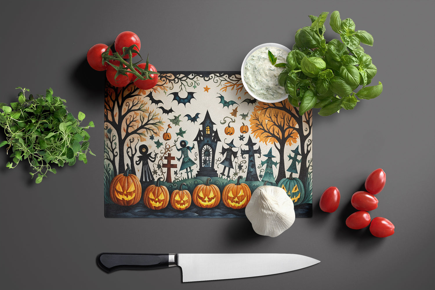 Papel Picado Skeletons Spooky Halloween Cutting Board Tempered Glass Kitchen Cutting Surface, Heat Resistant Chopping, Non-Slip Feet, Food Prep & Serving