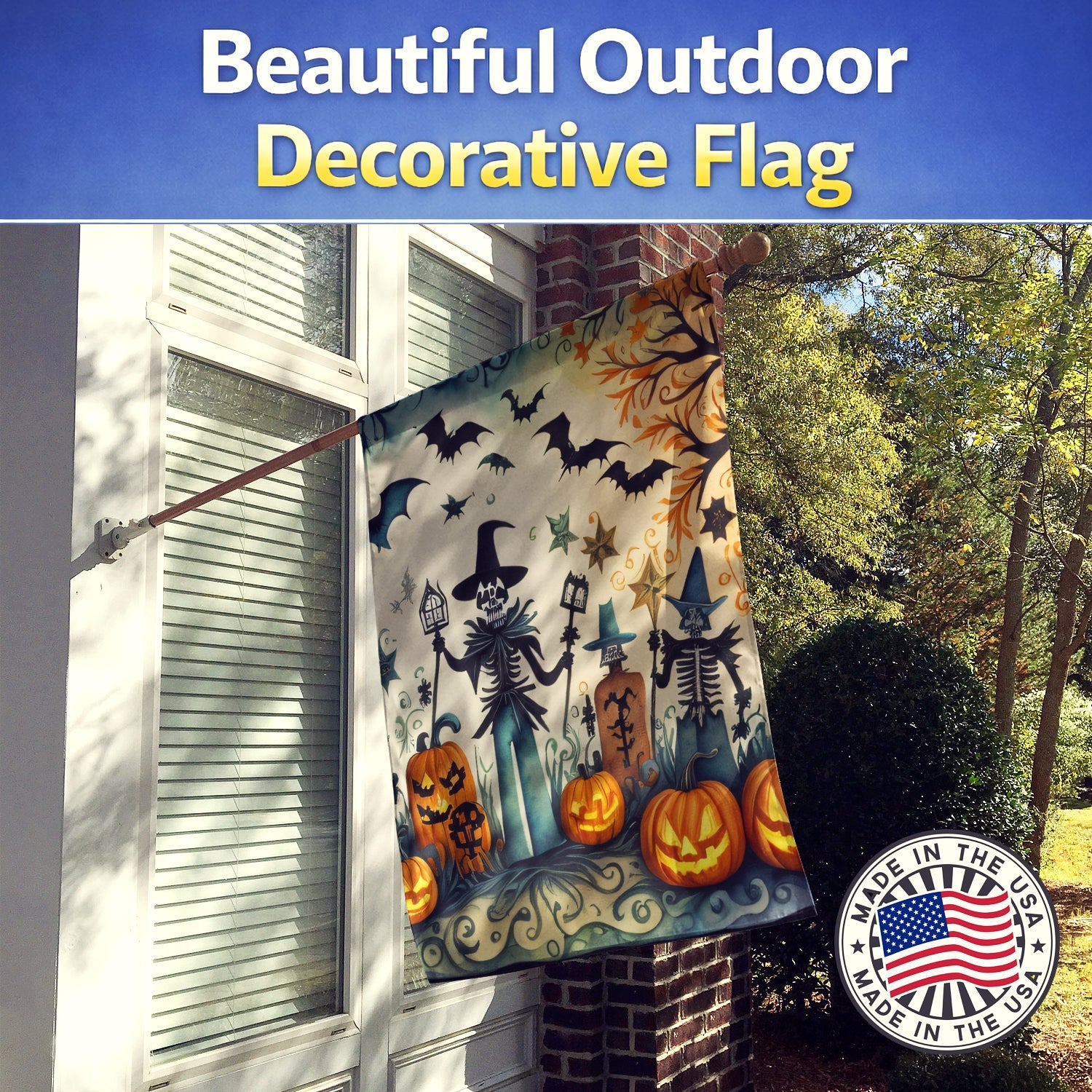 Papel Picado Skeletons Spooky Halloween House Flag 28x40 Porch Sleeve Pole Decorative Outside Yard Banner Artwork Wall Hanging, Polyester