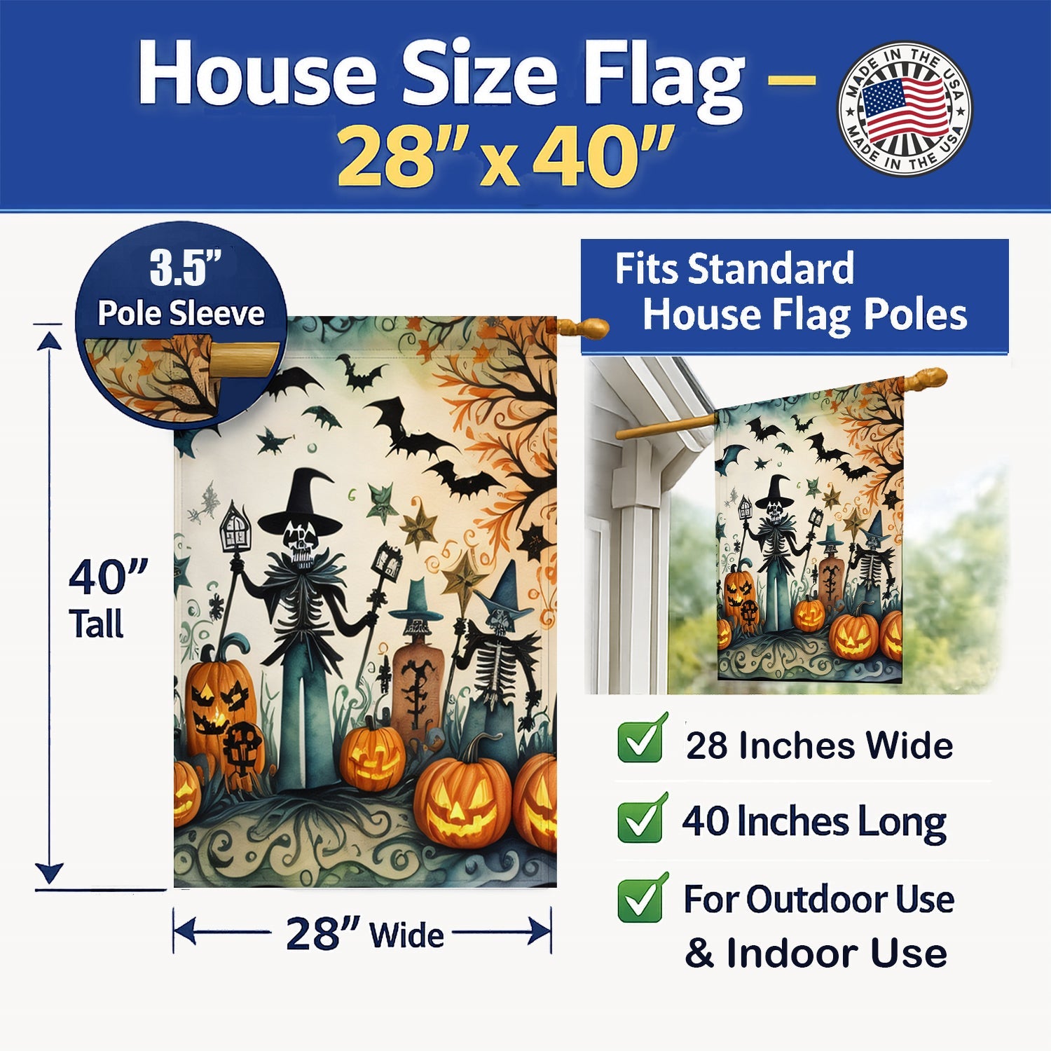 Papel Picado Skeletons Spooky Halloween House Flag 28x40 Porch Sleeve Pole Decorative Outside Yard Banner Artwork Wall Hanging, Polyester