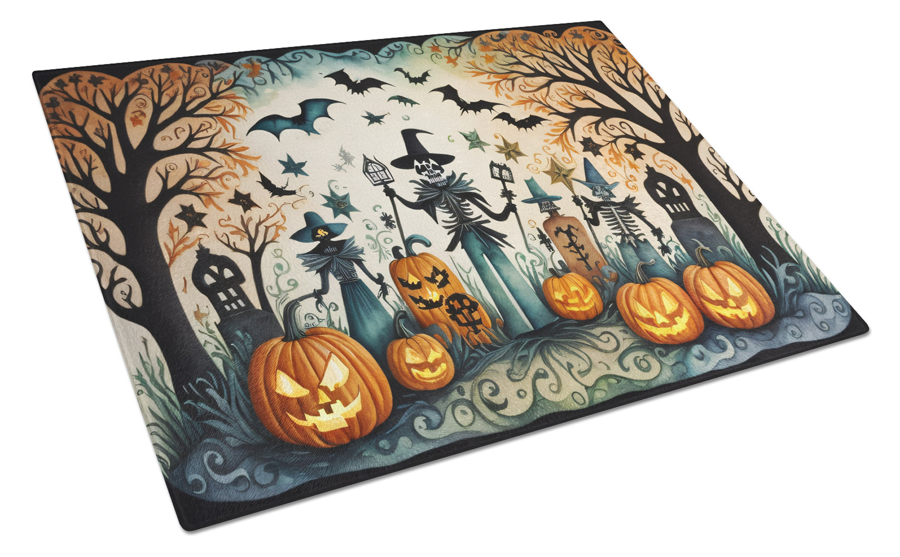 Papel Picado Skeletons Spooky Halloween Cutting Board Tempered Glass Kitchen Cutting Surface, Heat Resistant Chopping, Non-Slip Feet, Food Prep & Serving