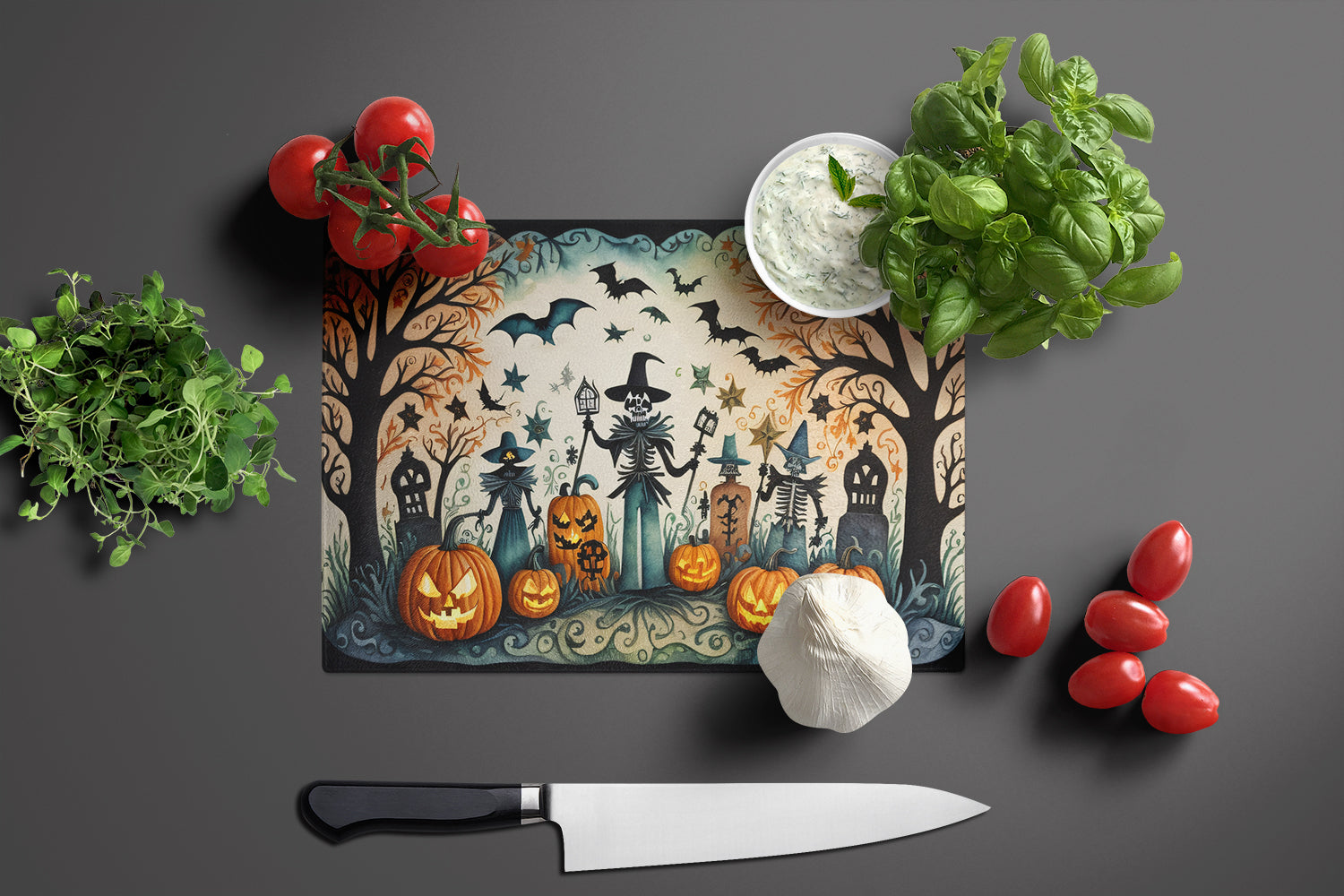 Papel Picado Skeletons Spooky Halloween Cutting Board Tempered Glass Kitchen Cutting Surface, Heat Resistant Chopping, Non-Slip Feet, Food Prep & Serving