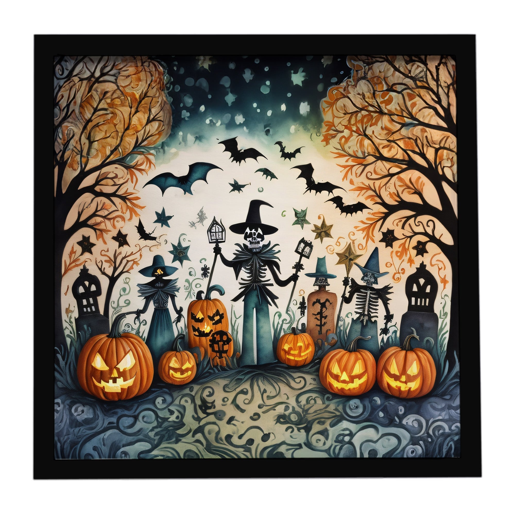 Papel Picado Skeletons Spooky Halloween Framed Metal Print Bathroom, Kitchen, Office, Home Decor Wall Art Ready to Hang, Square, 8X8