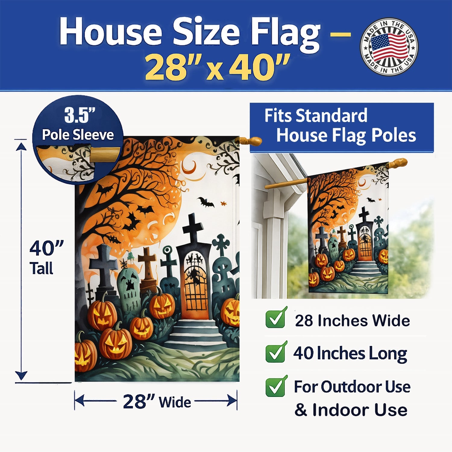 Papel Picado Skeletons Spooky Halloween House Flag 28x40 Porch Sleeve Pole Decorative Outside Yard Banner Artwork Wall Hanging, Polyester