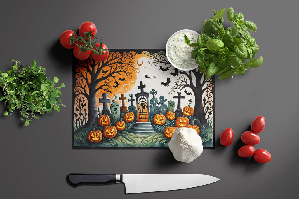 Papel Picado Skeletons Spooky Halloween Cutting Board Tempered Glass Kitchen Cutting Surface, Heat Resistant Chopping, Non-Slip Feet, Food Prep & Serving