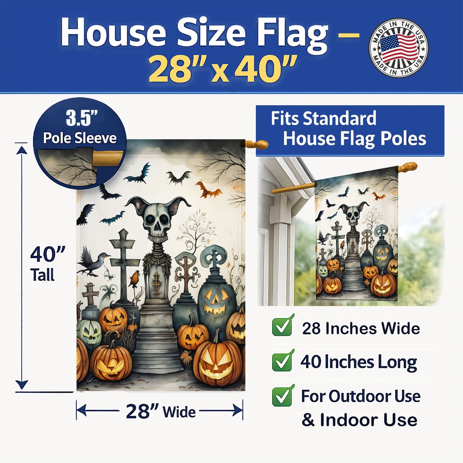Pet Cemetery Spooky Halloween House Flag 28x40 Porch Sleeve Pole Decorative Outside Yard Banner Artwork Wall Hanging, Polyester