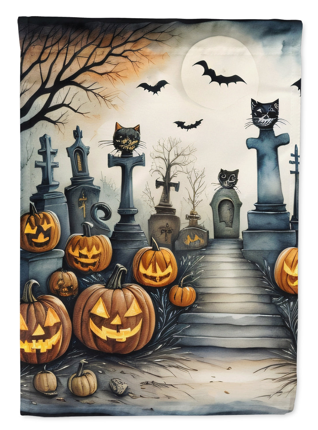 Cat Cemetery Spooky Halloween House Flag 28x40 Porch Sleeve Pole Decorative Outside Yard Banner Artwork Wall Hanging, Polyester
