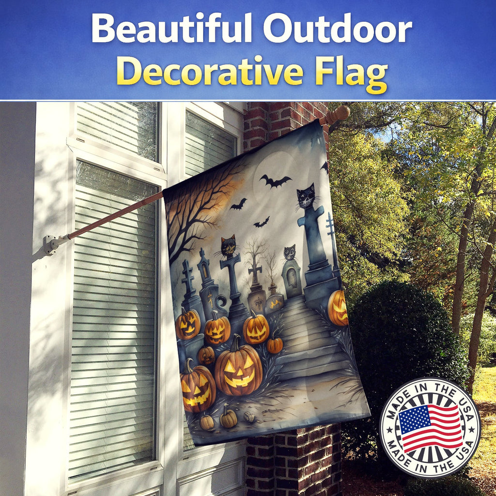 Cat Cemetery Spooky Halloween House Flag 28x40 Porch Sleeve Pole Decorative Outside Yard Banner Artwork Wall Hanging, Polyester
