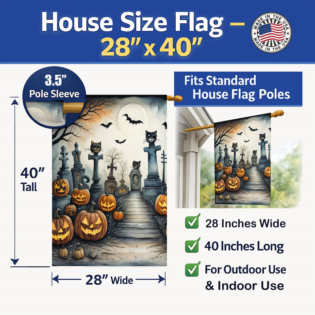 Cat Cemetery Spooky Halloween House Flag 28x40 Porch Sleeve Pole Decorative Outside Yard Banner Artwork Wall Hanging, Polyester