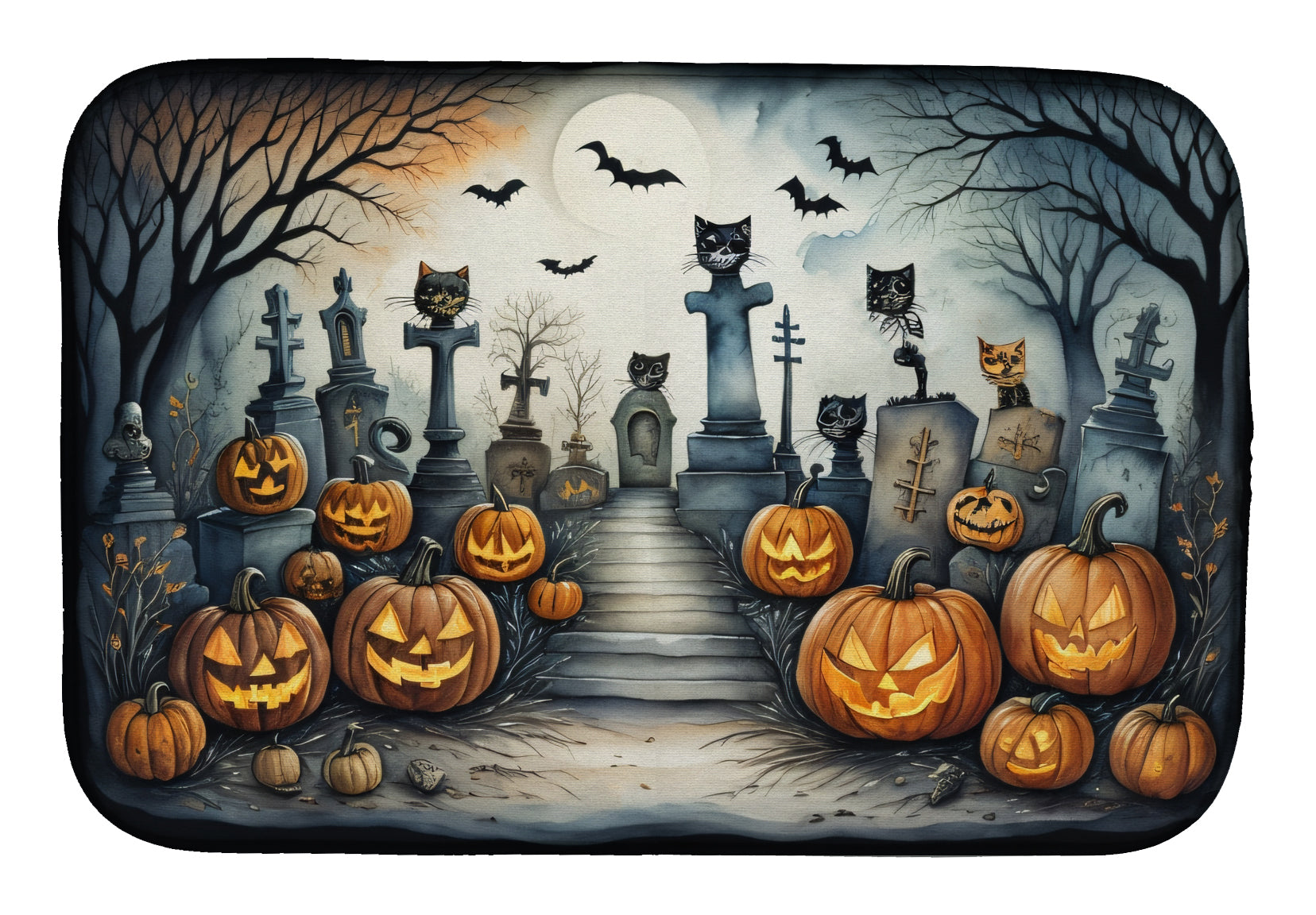 Cat Cemetery Spooky Halloween Dish Drying Mat Absorbent Dish Drying Mat Pad for Kitchen Counter Dish Drainer Mat for Countertop, 14 x 21", Multicolor