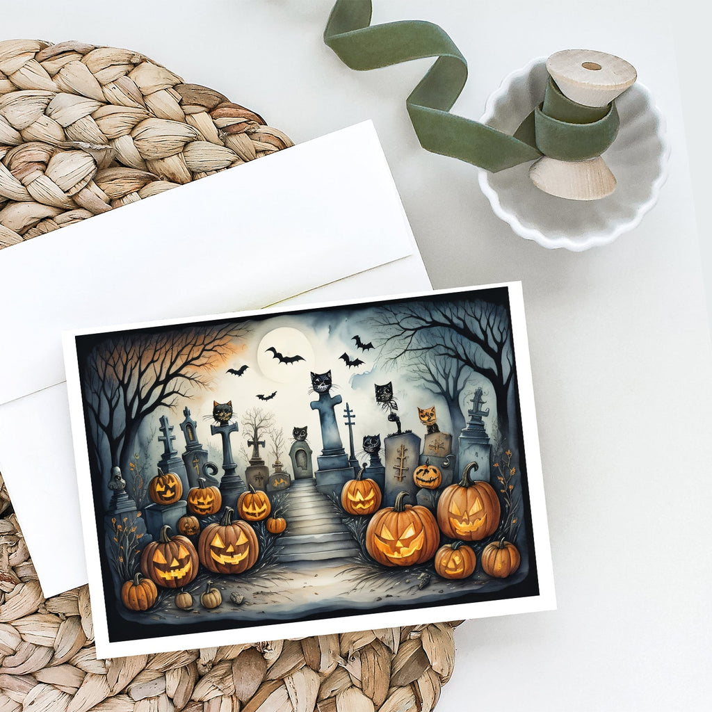 Cat Cemetery Spooky Halloween Greeting Cards Pack of 8 Blank Cards with Envelopes Whimsical A7 Size 5x7