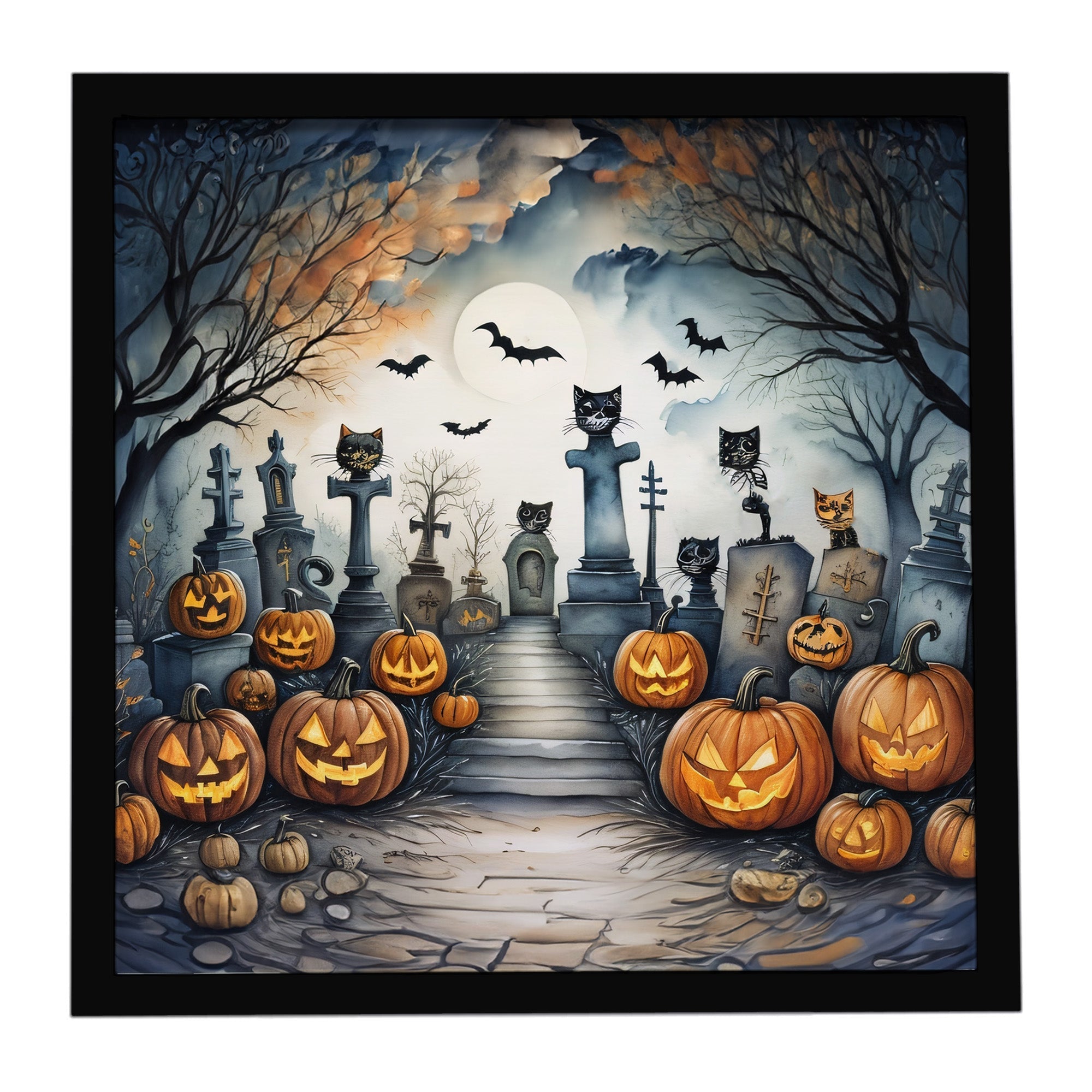 Cat Cemetery Spooky Halloween Framed Metal Print Bathroom, Kitchen, Office, Home Decor Wall Art Ready to Hang, Square, 8X8