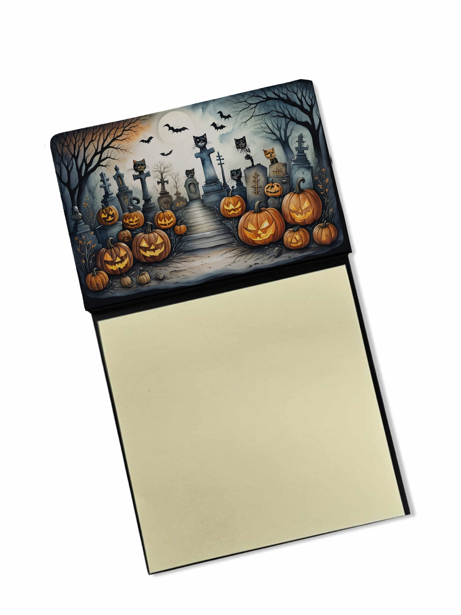 Cat Cemetery Spooky Halloween Watercolor Sticky Note Holder Refillable Dispenser Desk Accessory 3x3 Pad Gift