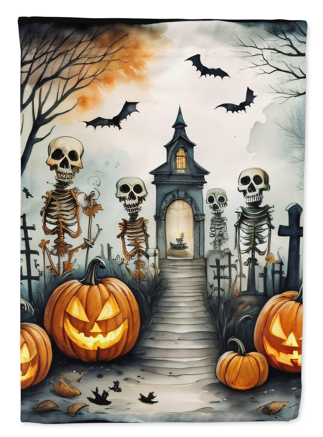Skeleton Spooky Halloween House Flag 28x40 Porch Sleeve Pole Decorative Outside Yard Banner Artwork Wall Hanging, Polyester