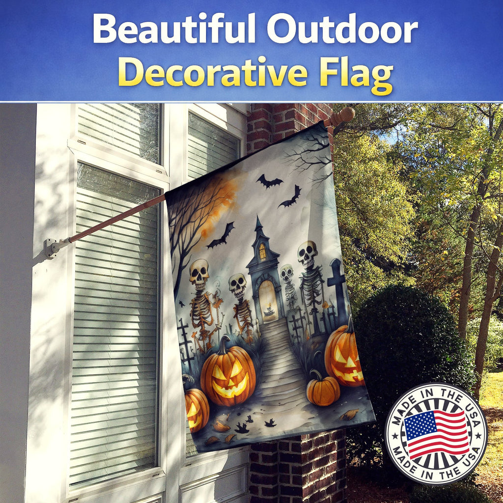 Skeleton Spooky Halloween House Flag 28x40 Porch Sleeve Pole Decorative Outside Yard Banner Artwork Wall Hanging, Polyester
