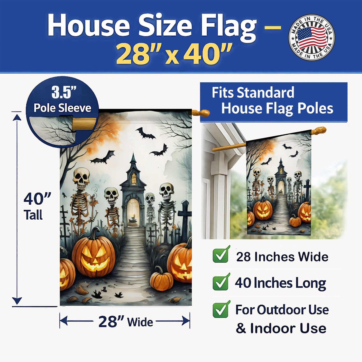 Skeleton Spooky Halloween House Flag 28x40 Porch Sleeve Pole Decorative Outside Yard Banner Artwork Wall Hanging, Polyester