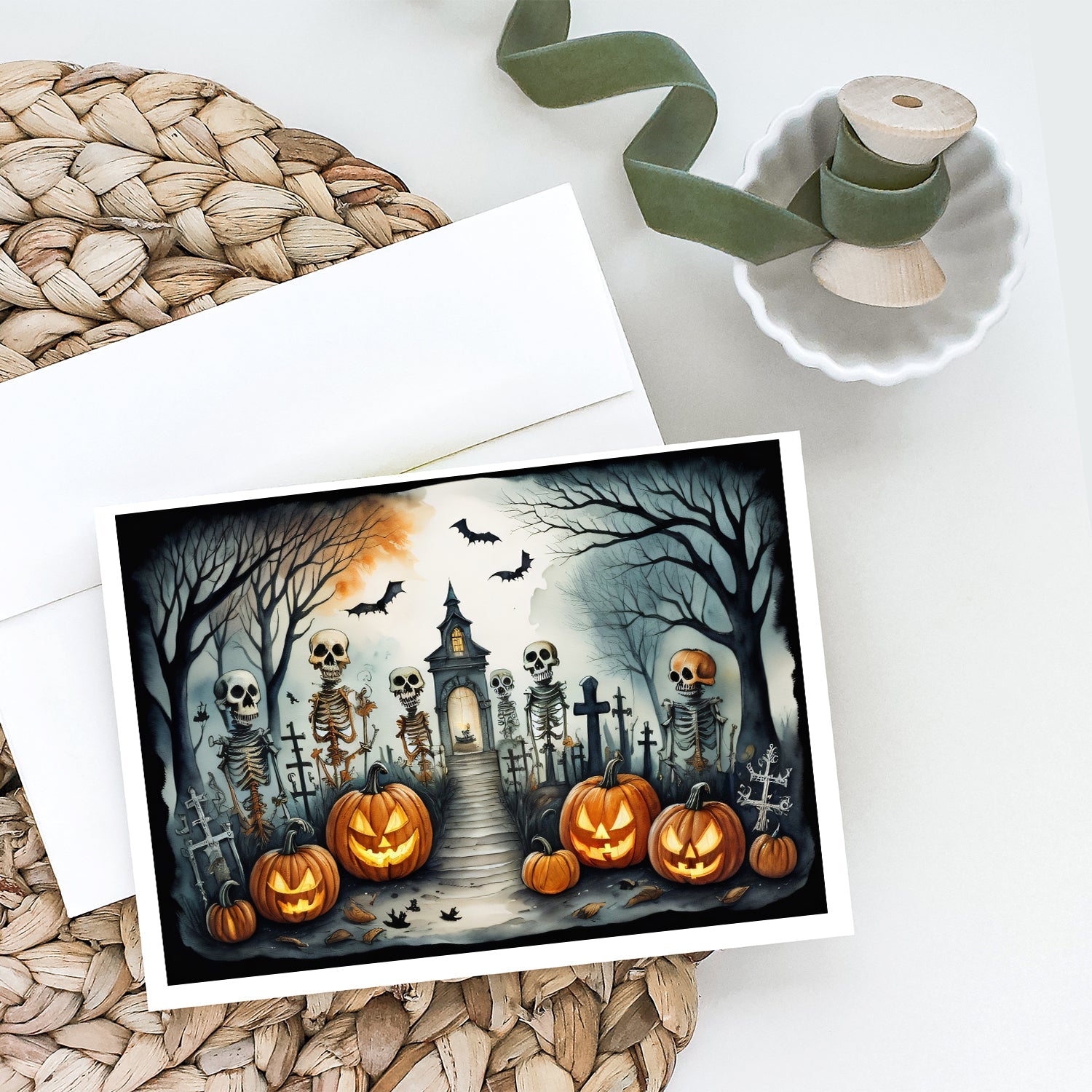 Skeleton Spooky Halloween Greeting Cards Pack of 8 Blank Cards with Envelopes Whimsical A7 Size 5x7