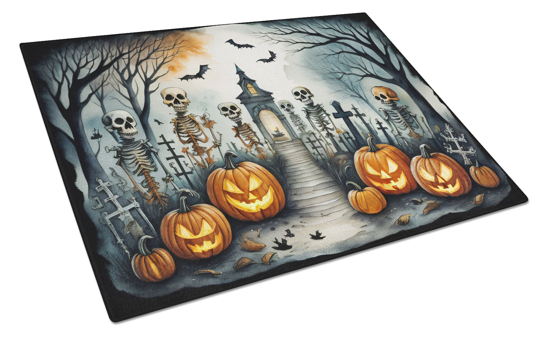 Skeleton Spooky Halloween Cutting Board Tempered Glass Kitchen Cutting Surface, Heat Resistant Chopping, Non-Slip Feet, Food Prep & Serving