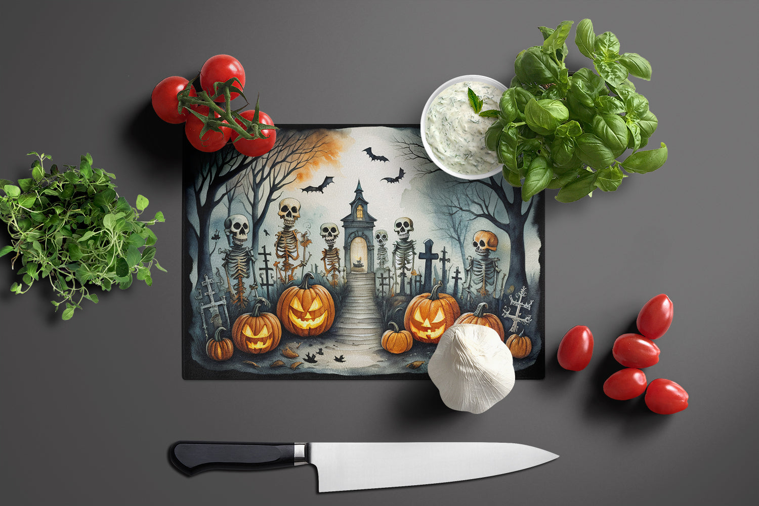 Skeleton Spooky Halloween Cutting Board Tempered Glass Kitchen Cutting Surface, Heat Resistant Chopping, Non-Slip Feet, Food Prep & Serving