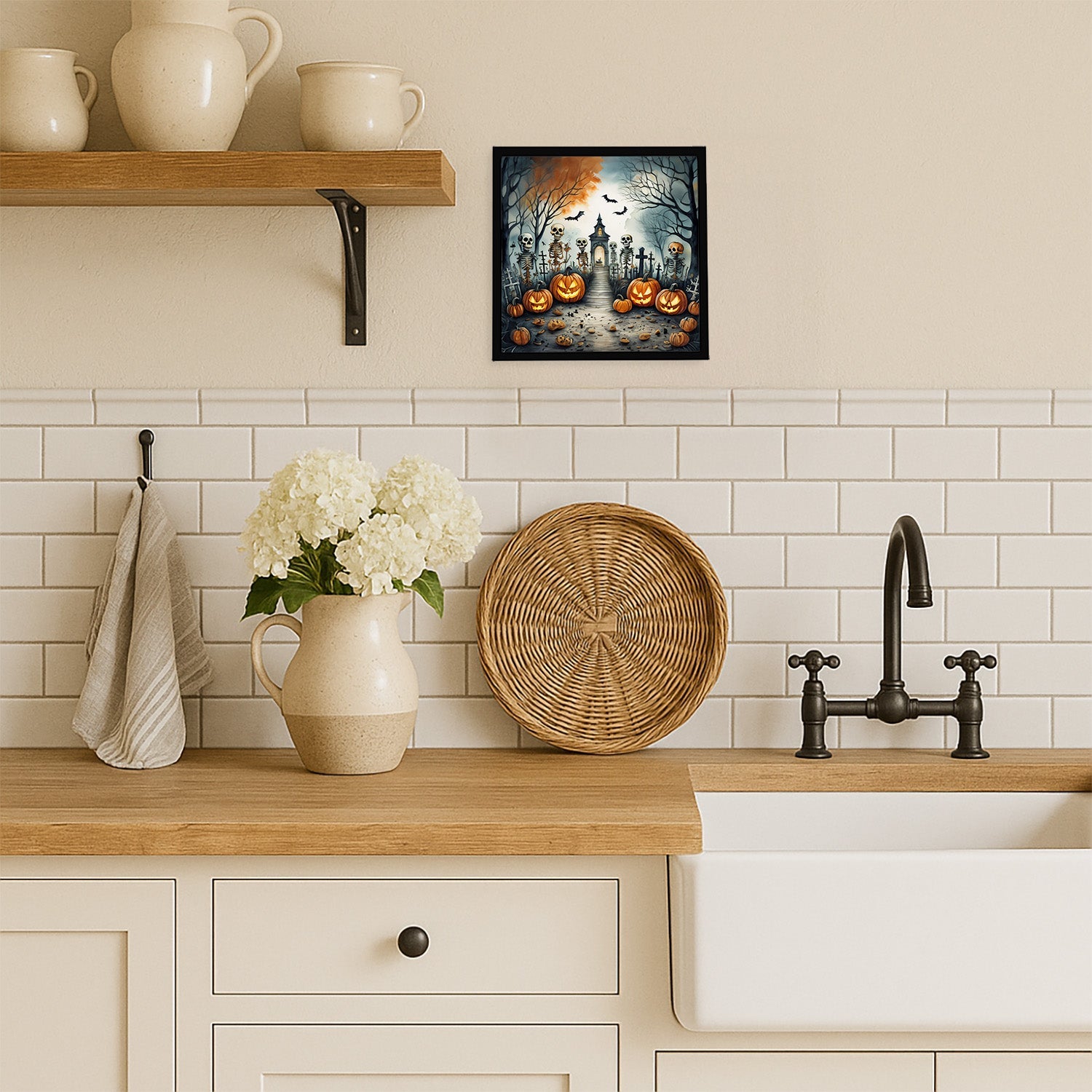 Skeleton Spooky Halloween Framed Metal Print Bathroom, Kitchen, Office, Home Decor Wall Art Ready to Hang, Square, 8X8