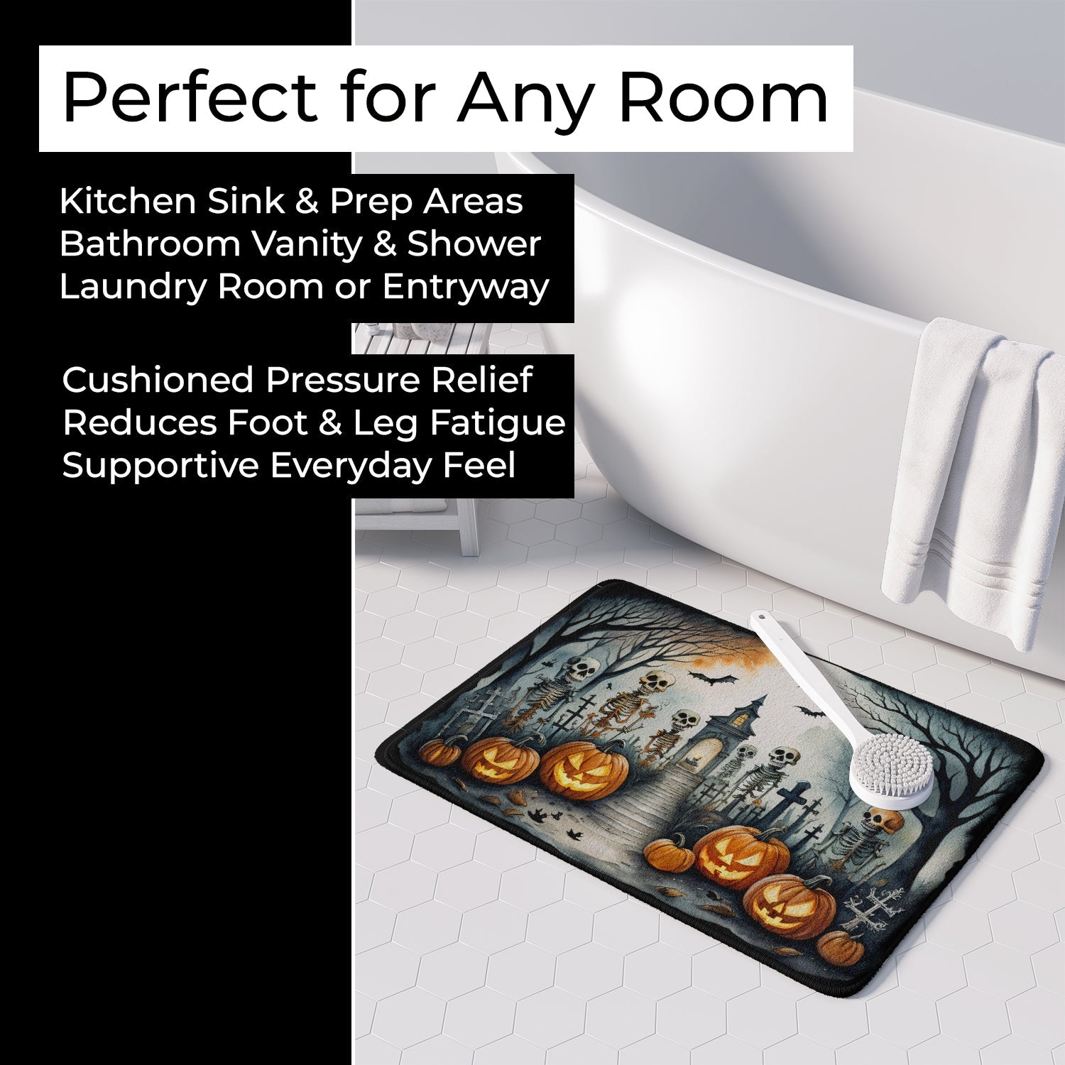 Skeleton Spooky Halloween Memory Foam Kitchen Mat Machine Washable Anti-Fatigue Cushion Comfort Bath or Kitchen Rug