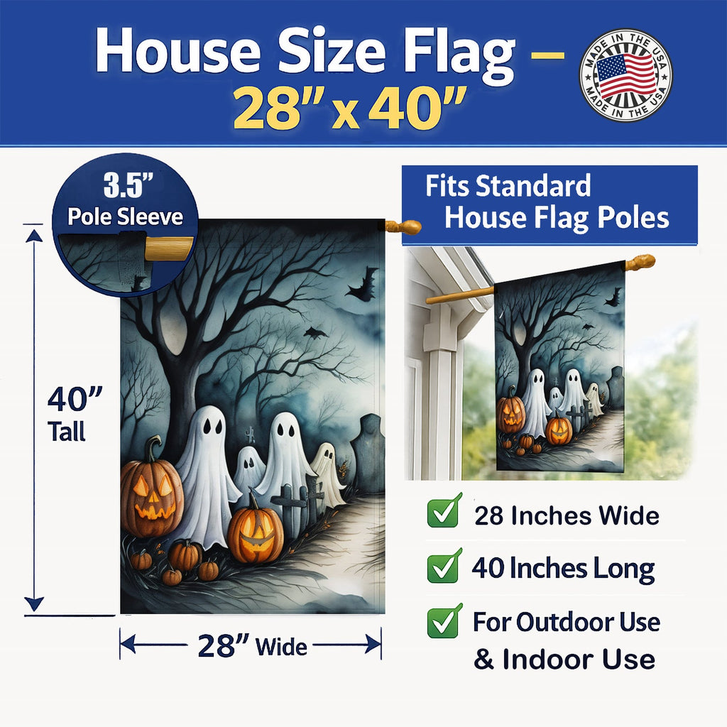 Ghosts Spooky Halloween House Flag 28x40 Porch Sleeve Pole Decorative Outside Yard Banner Artwork Wall Hanging, Polyester