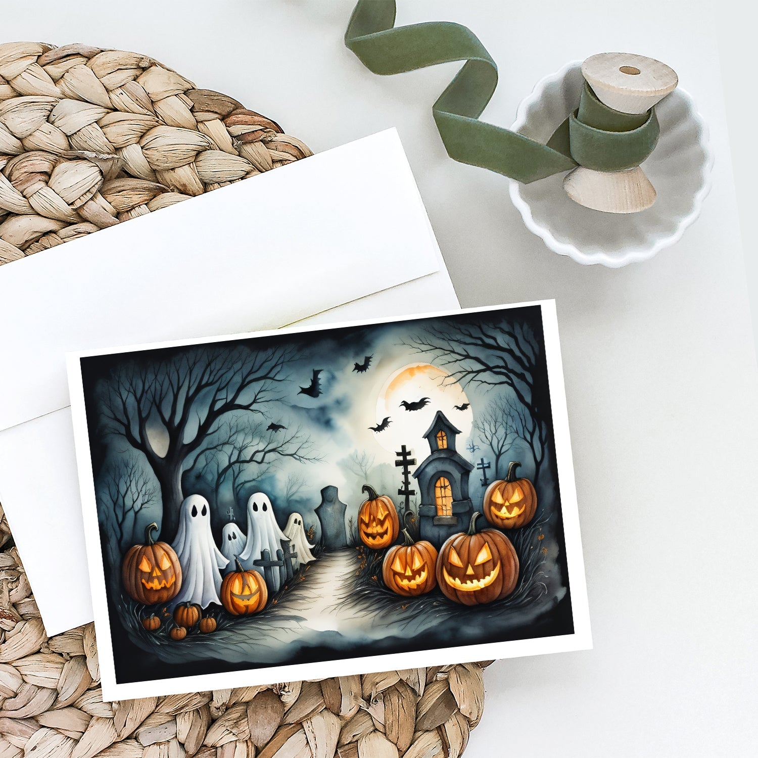 Ghosts Spooky Halloween Greeting Cards Pack of 8 Blank Cards with Envelopes Whimsical A7 Size 5x7