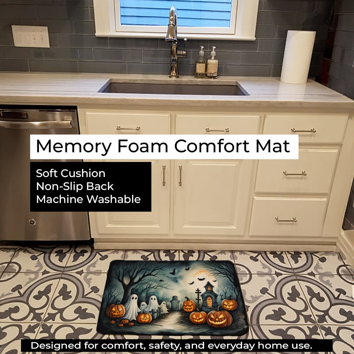 Ghosts Spooky Halloween Memory Foam Kitchen Mat Machine Washable Anti-Fatigue Cushion Comfort Bath or Kitchen Rug