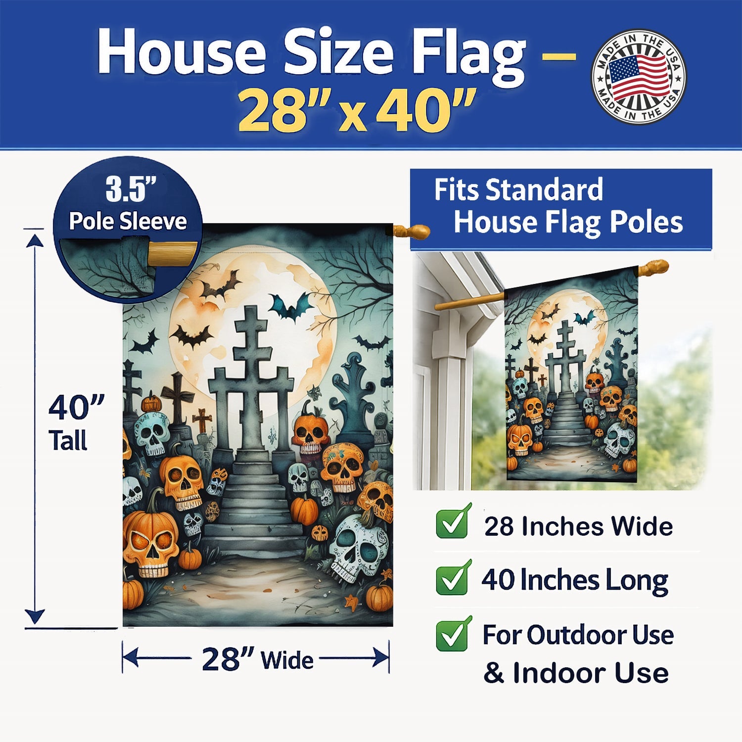 Calaveras Sugar Skulls Spooky Halloween House Flag 28x40 Porch Sleeve Pole Decorative Outside Yard Banner Artwork Wall Hanging, Polyester