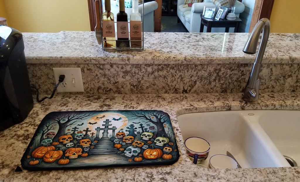 Calaveras Sugar Skulls Spooky Halloween Dish Drying Mat Absorbent Dish Drying Mat Pad for Kitchen Counter Dish Drainer Mat for Countertop, 14 x 21", Multicolor