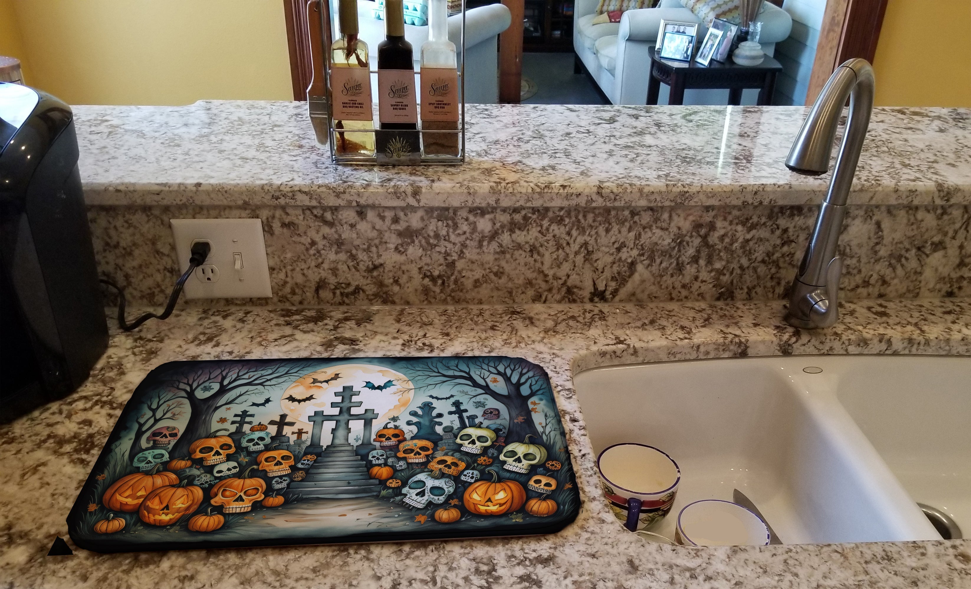 Calaveras Sugar Skulls Spooky Halloween Dish Drying Mat Absorbent Dish Drying Mat Pad for Kitchen Counter Dish Drainer Mat for Countertop, 14 x 21", Multicolor