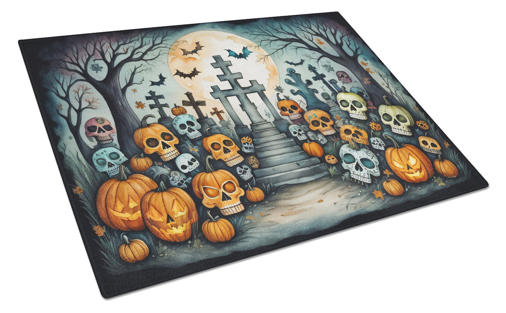 Calaveras Sugar Skulls Spooky Halloween Cutting Board Tempered Glass Kitchen Cutting Surface, Heat Resistant Chopping, Non-Slip Feet, Food Prep & Serving