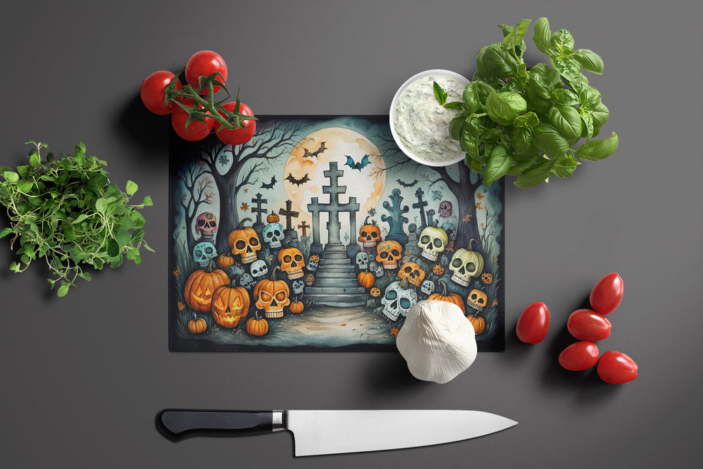 Calaveras Sugar Skulls Spooky Halloween Cutting Board Tempered Glass Kitchen Cutting Surface, Heat Resistant Chopping, Non-Slip Feet, Food Prep & Serving
